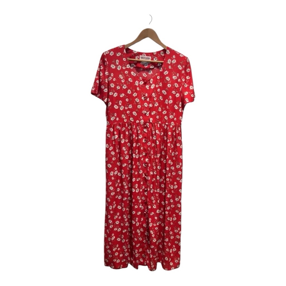 Vintage Maggy London Cottagecore Red White Floral Short Sleeves Midi Dress